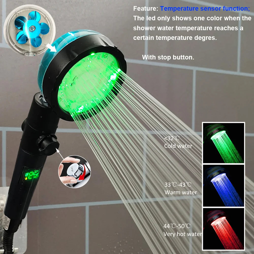 High Pressure Led Shower Head One Key Stop Button Digital Display Screen Black Handheld Shower Temperature Sensor Shower Head