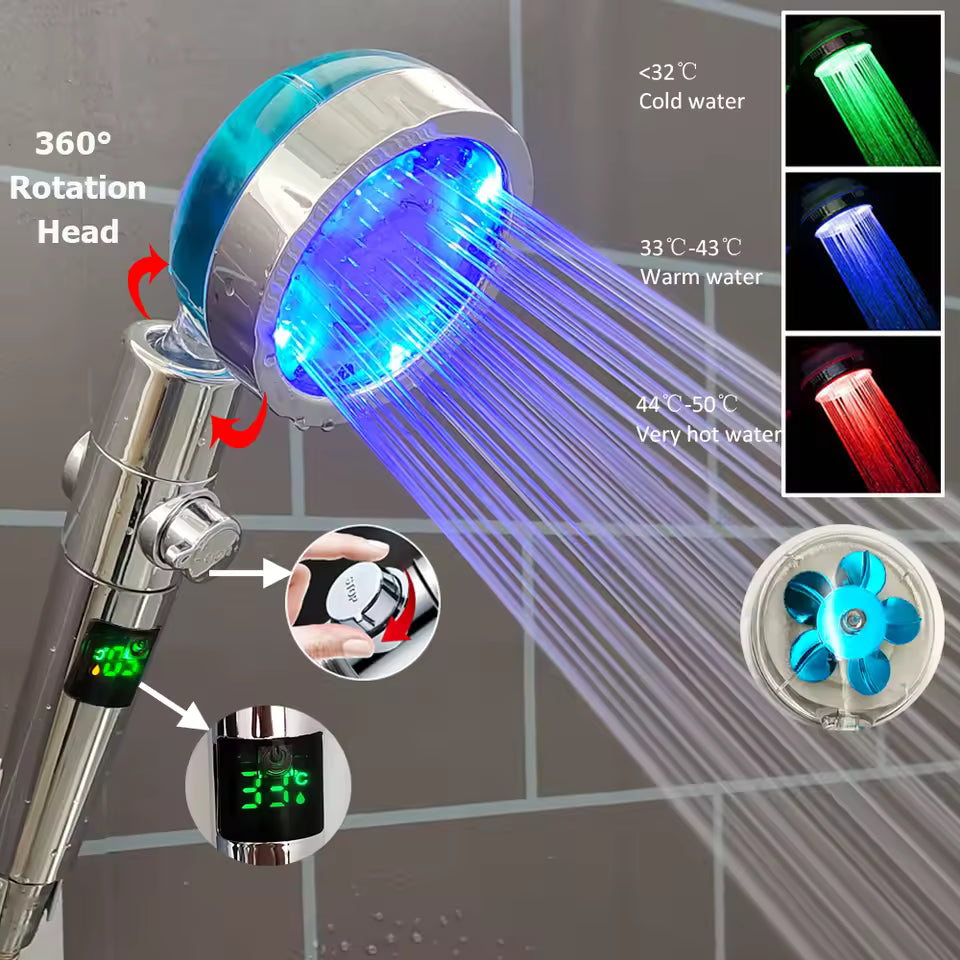 High Pressure Led Shower Head One Key Stop Button Digital Display Screen Black Handheld Shower Temperature Sensor Shower Head
