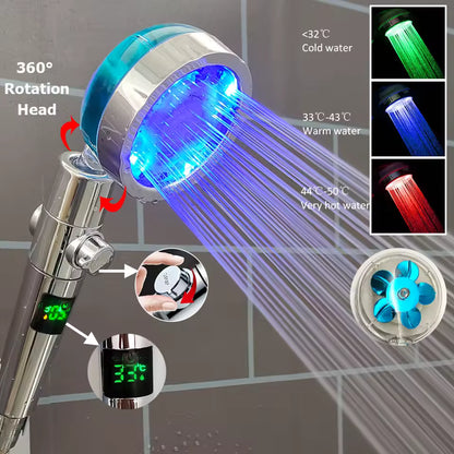 High Pressure Led Shower Head One Key Stop Button Digital Display Screen Black Handheld Shower Temperature Sensor Shower Head